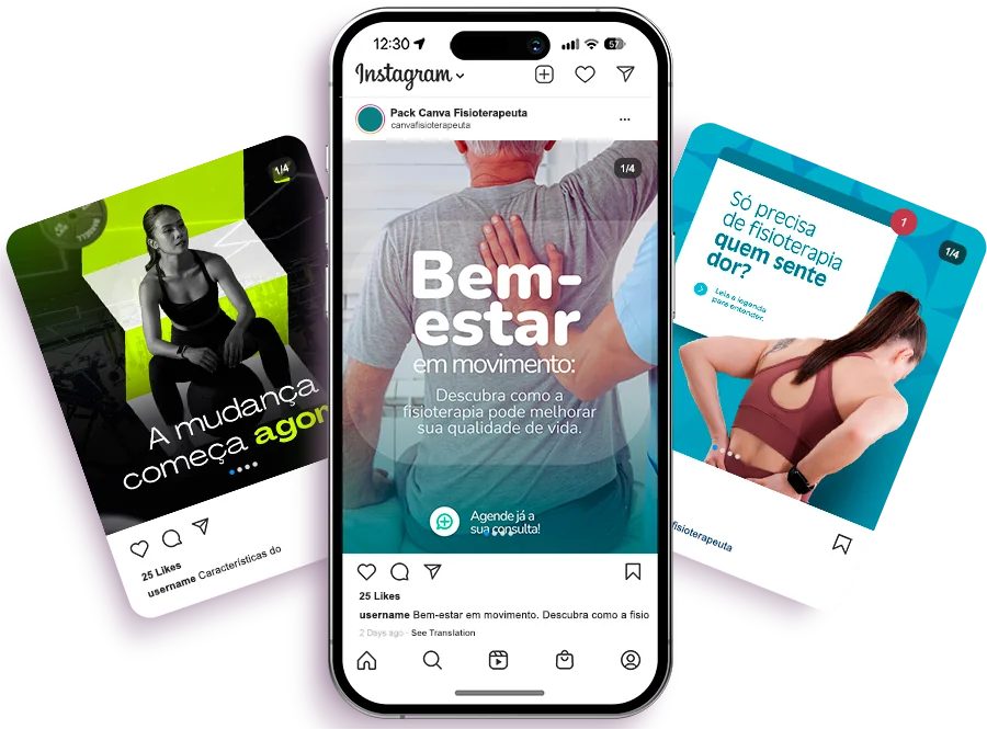Exemplos de posts do Ultra Pack Canva Fisioterapeuta